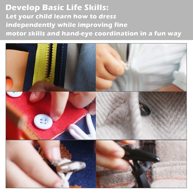 Close-up of a toddler busy board textile buckle, enhancing fine motor skills for preschoolers.