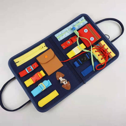 Portable sensory busy board, ideal travel toy for keeping toddlers engaged on the go.