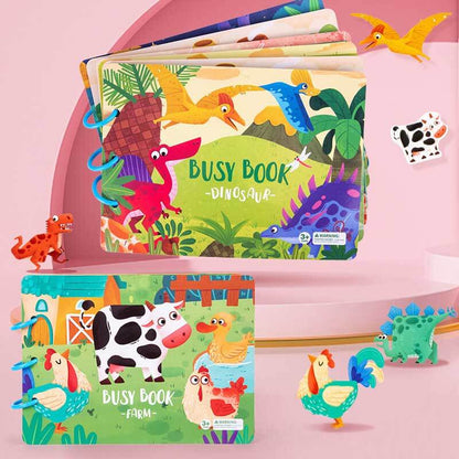 Close-up of a toddler's hands engaging with a sensory learning sticker book, educational fun