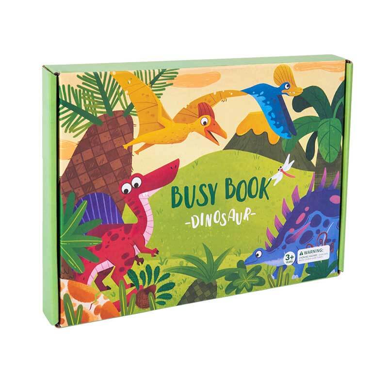 Open dinosaur-themed sensory sticker activity book, a busy book for toddler learning