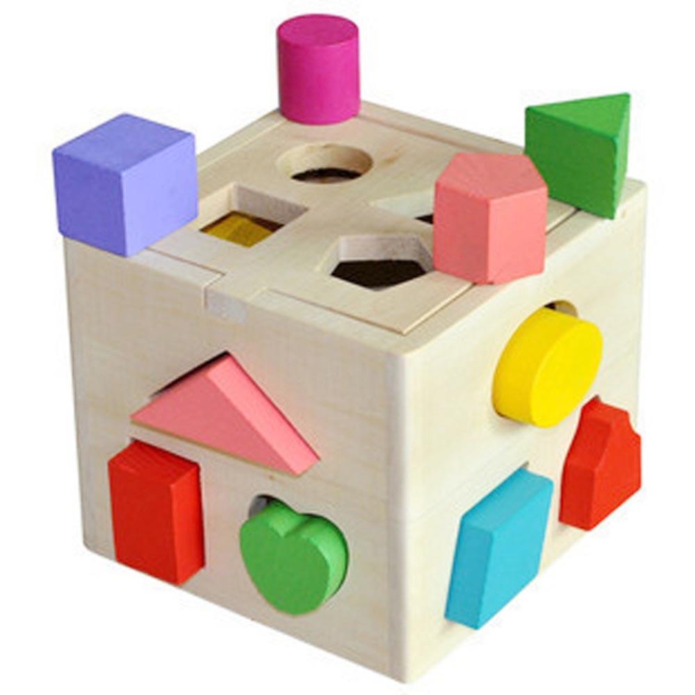 Gift for kids: Toddler wooden shape sorter cube puzzle toy with various geometric shapes
