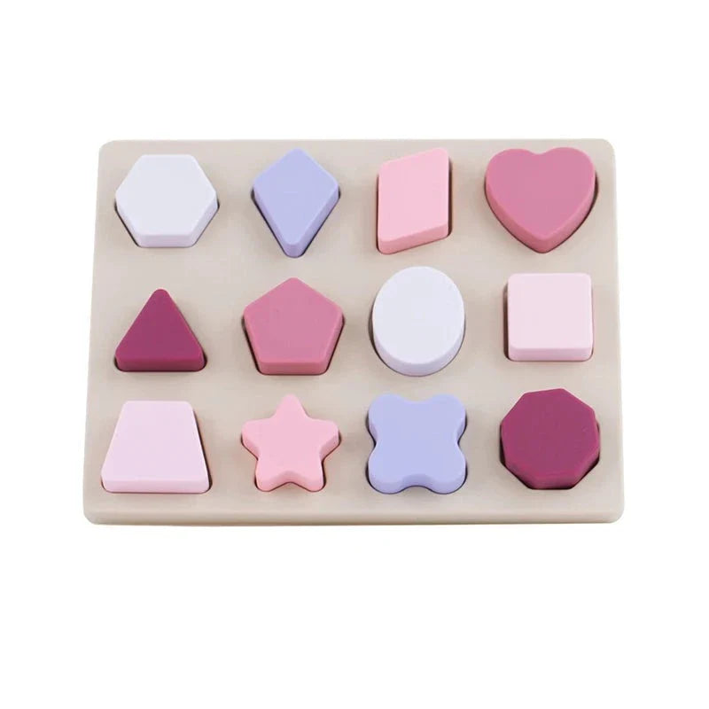 Vibrant silicone shapes on a natural wooden sorter board, an engaging educational toy