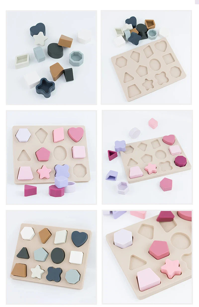 Toddler hands interacting with the silicone geometric puzzle, an ideal educational playtime toy