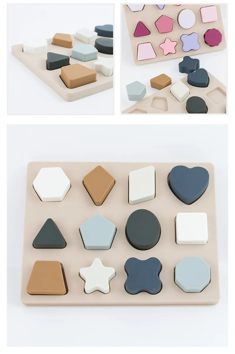 A stack of silicone geometric shapes next to the matching wooden sorter board for toddlers
