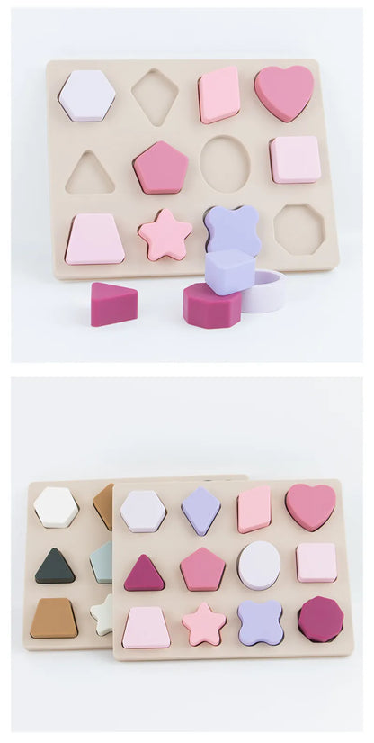 Silicone geometric shape sorter with smooth, rounded edges, safe for young children