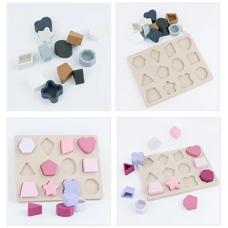 Colorful silicone puzzle toy for toddlers, featuring various geometric shapes on a wooden board