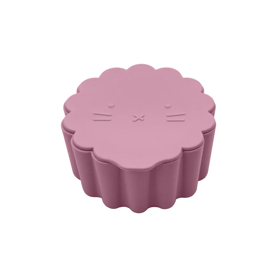 Portable silicone snack cup with purple cartoon cat lid, great for kids' travel snacks