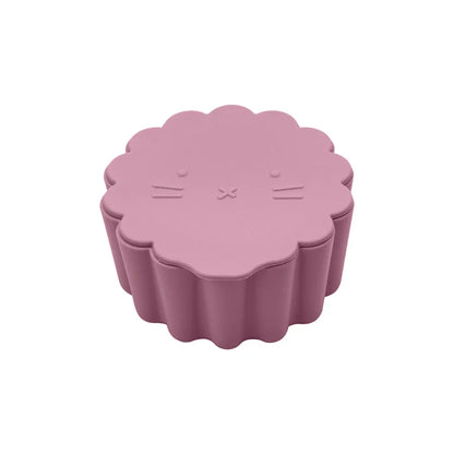 Portable silicone snack cup with purple cartoon cat lid, great for kids' travel snacks