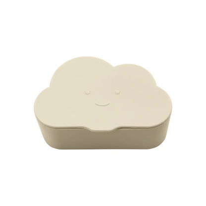 Close-up of the cartoon panda lid on a white silicone spill-proof toddler snack cup
