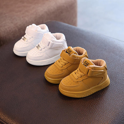Side view of red toddler's velcro sneakers, highlighting easy-on comfort for children's footwear