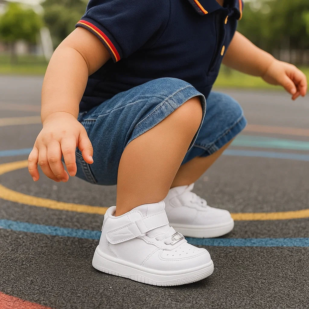 Top-down view of multi-color toddler sneakers with wide velcro opening for easy fitting