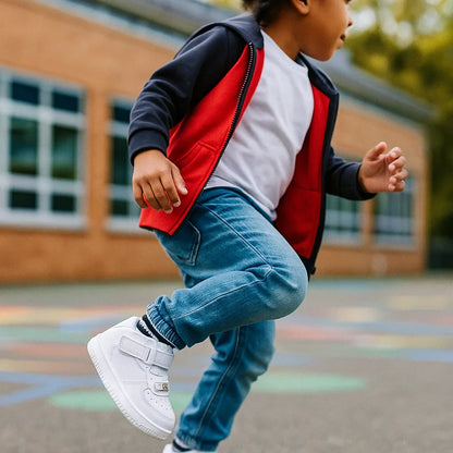 Grey toddler shoes with adjustable velcro tabs, offering snug fit and breathable comfort for play