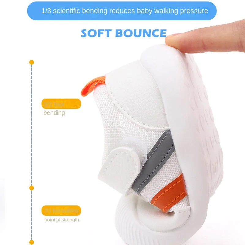 Collection of various colored baby toddler sneakers, all featuring soft, non-slip, breathable designs.