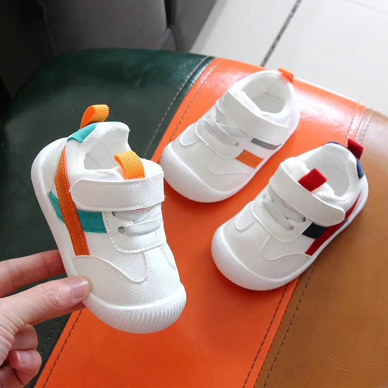 Toddler first walking shoes, soft sole, non-slip grip against, and breathable for all-day wear.