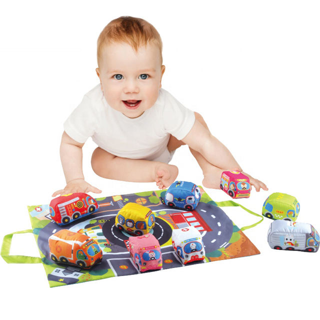 Toddler soft cars play set with colorful road play mat, safe educational vehicle toys for babies