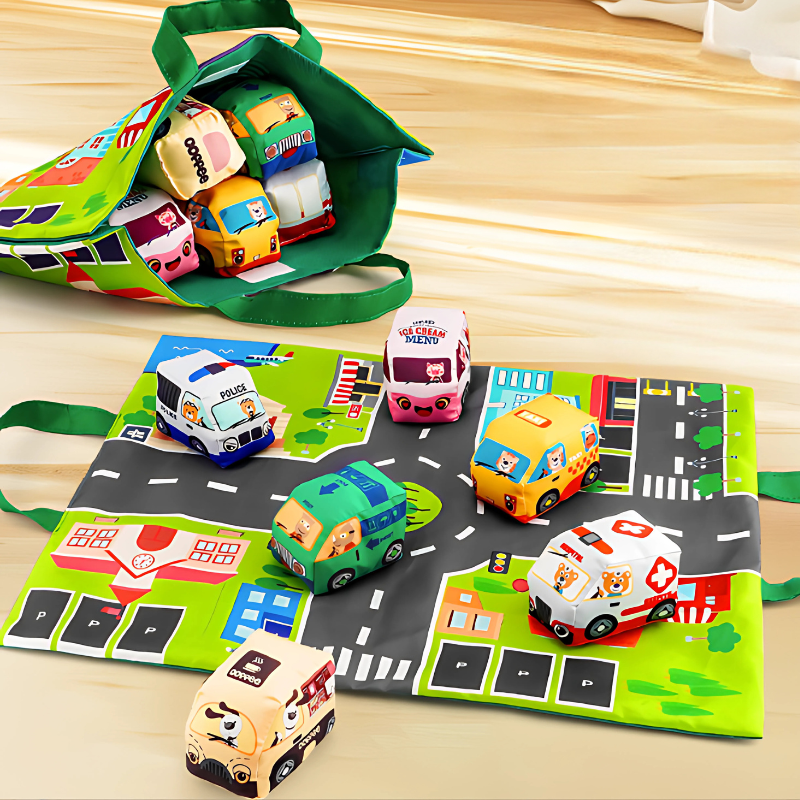 Toddler soft play mat with colorful arches & hanging washable plush toys, engaging motor skills development for babies.