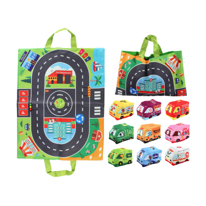 Washable toddler play mat featuring vibrant-colored plush animals, designed to encourage sensory exploration & activity.