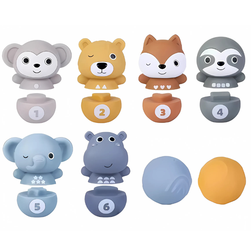 Educational animal stacking toys and bowling game for toddlers, enhancing motor skills and sensory play.
