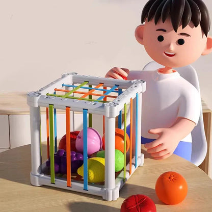 Sensory fruit sorting box for kids, aiding in color recognition and fine motor skill development.