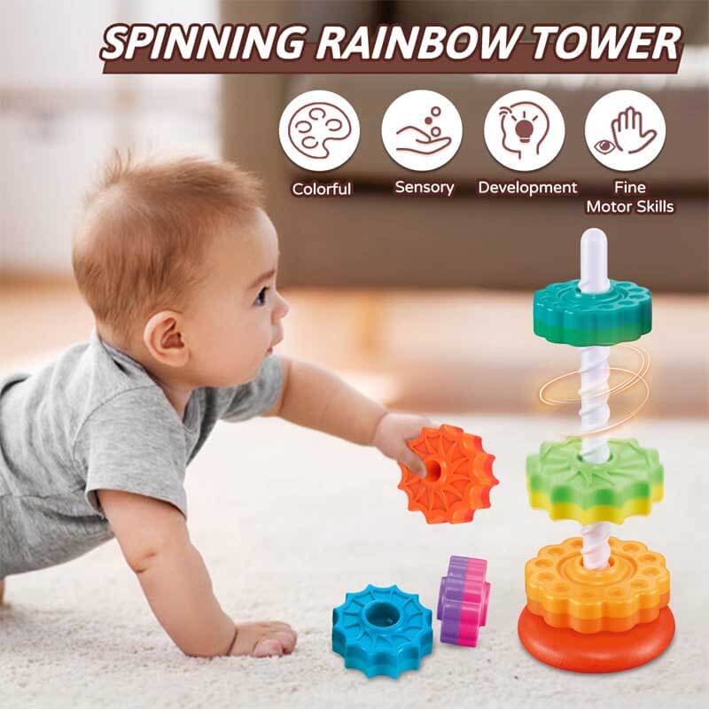 Toddler spinning stacking rainbow toy with colorful discs for early learning and motor skill development