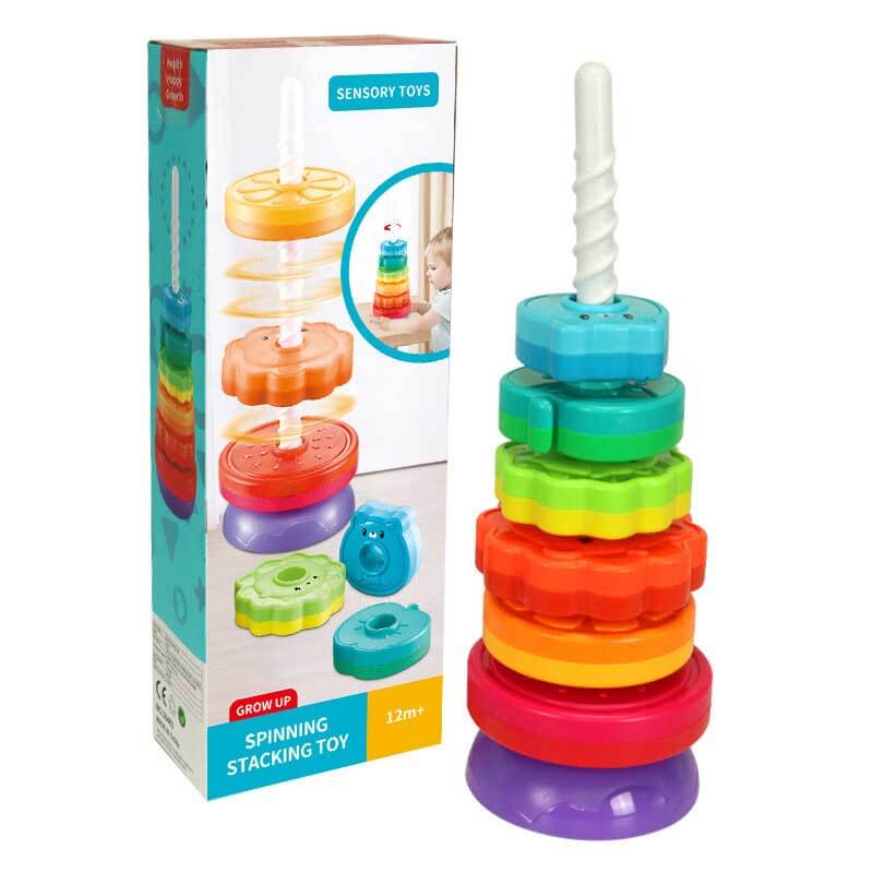 Complete set of the Toddler Spinning Stacking Rainbow Educational Toy, showcasing all vibrant stackable pieces