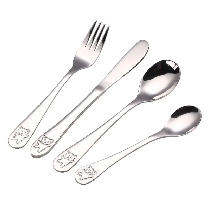 Toddler stainless steel utensil set, 4 pcs, BPA-free, promoting self-feeding for kids.