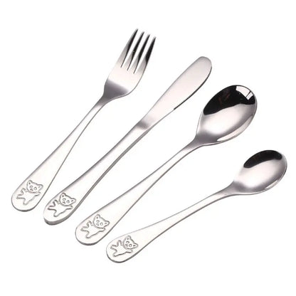 Toddler stainless steel utensil set, 4 pcs, BPA-free, promoting self-feeding for kids.