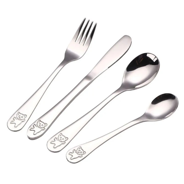 Complete 4-piece stainless steel feeding set for toddlers, encouraging independent eating.