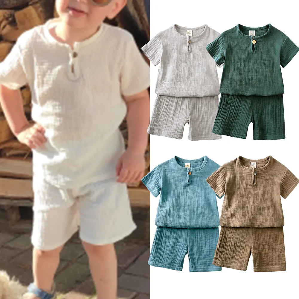 Toddler summer outfit set in breathable cotton linen, perfect for comfortable playwear