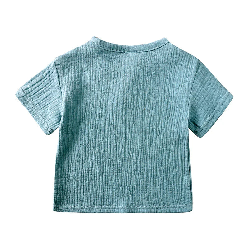 Unisex toddler casual outfit: o-neck top and shorts made from breathable cotton linen