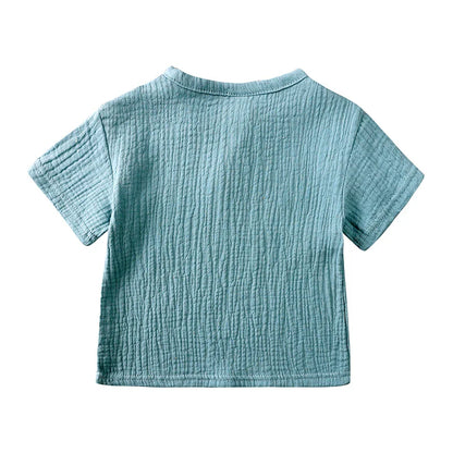 Unisex toddler casual outfit: o-neck top and shorts made from breathable cotton linen