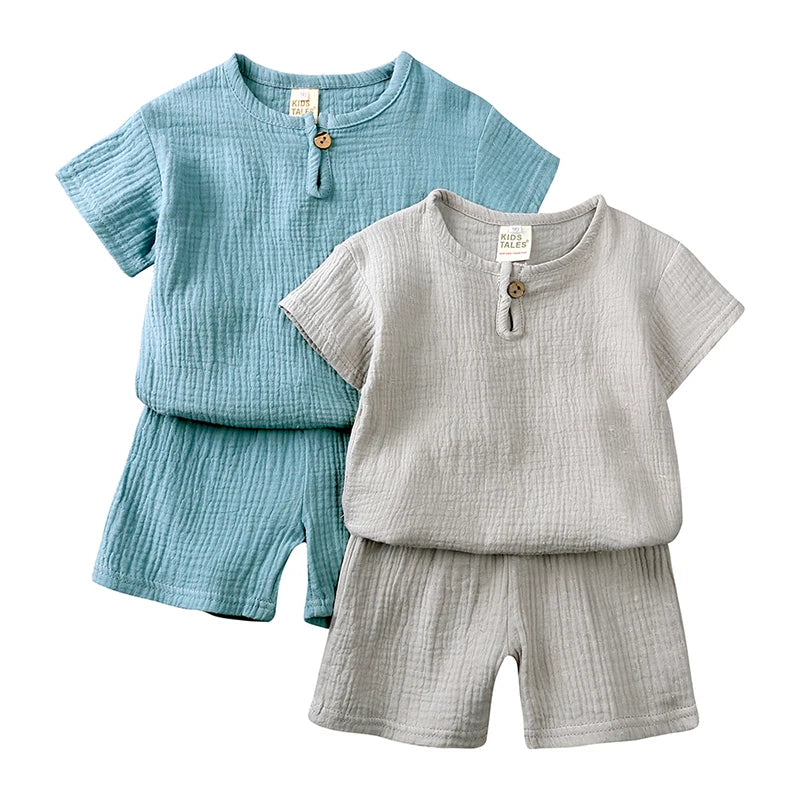 Unisex toddler summer outfit with o-neck top and shorts, soft cotton linen blend