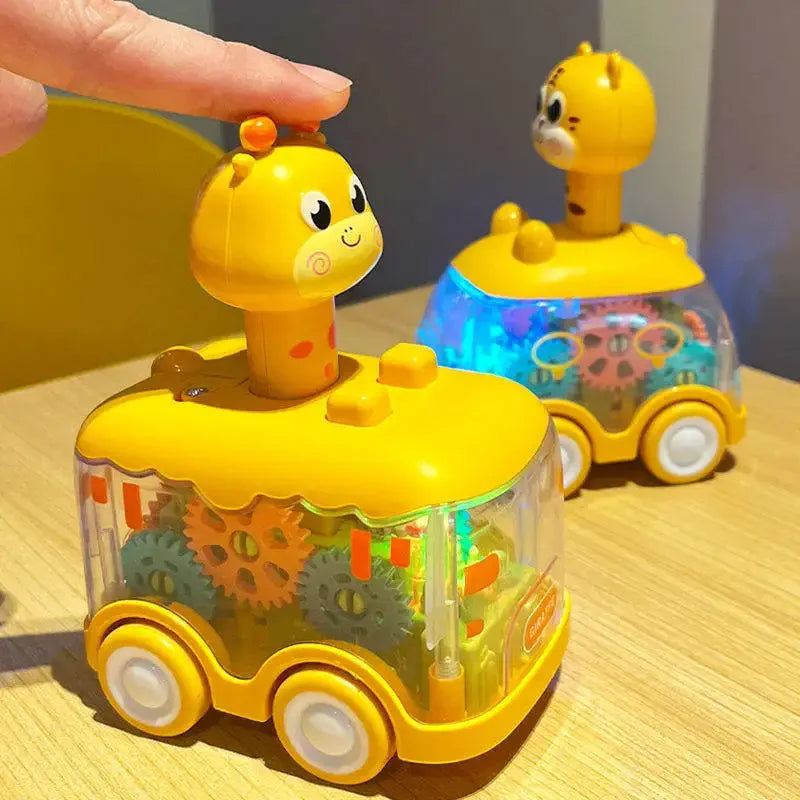 Toddler transparent inertia toy car, colorful gears visible, sparks motor skills development
