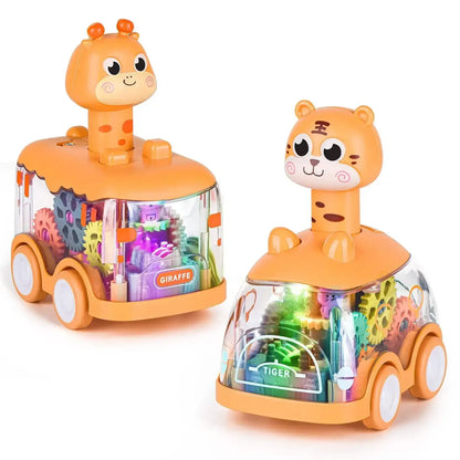 Toddler crawling next to a transparent inertia toy car, demonstrating early motor skill engagement