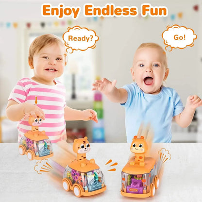 Brightly colored transparent inertia toy car with visible moving parts, perfect for toddlers' learning