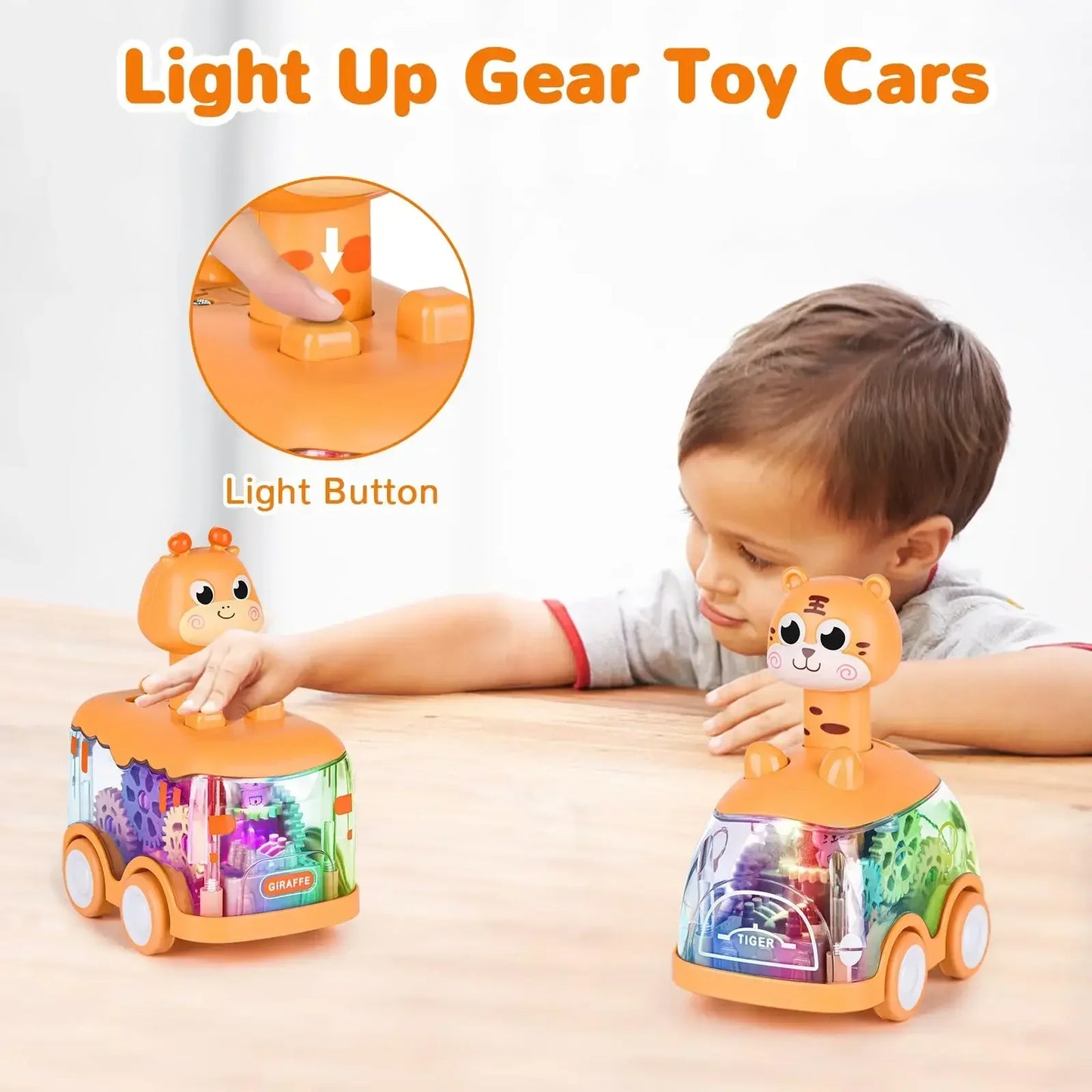 Side view of a toddler transparent inertia toy car, showcasing its robust design for play