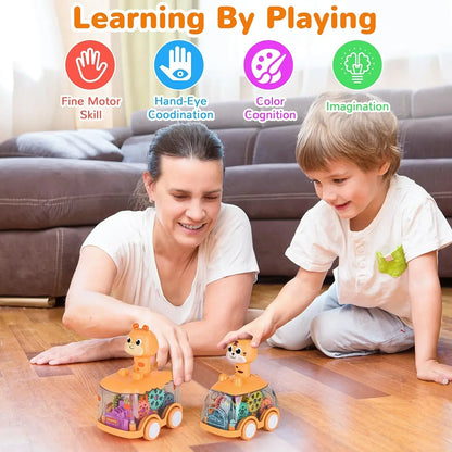 Group of assorted transparent inertia toy cars on a play mat, encouraging collaborative play and learning