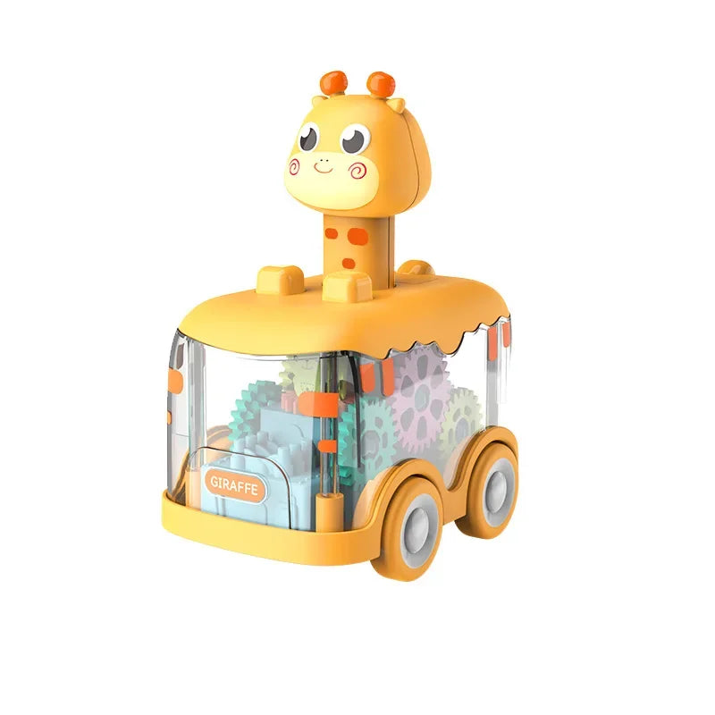 Overhead shot of a transparent inertia toy car, emphasizing its unique internal gear mechanism for toddlers