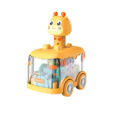 Overhead shot of a transparent inertia toy car, emphasizing its unique internal gear mechanism for toddlers