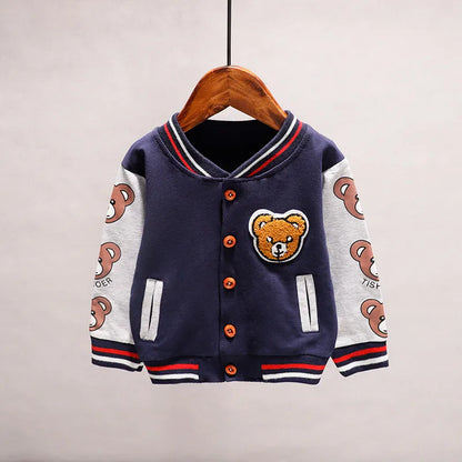 Toddler unisex cartoon cotton jacket, blue with animal print for infants, fall outerwear