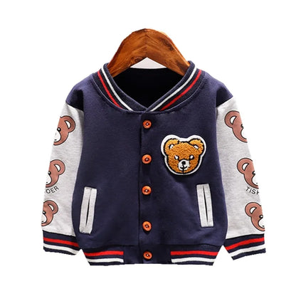 Close-up of a cozy, soft cotton cartoon jacket for toddlers, V-neck design, kids outerwear