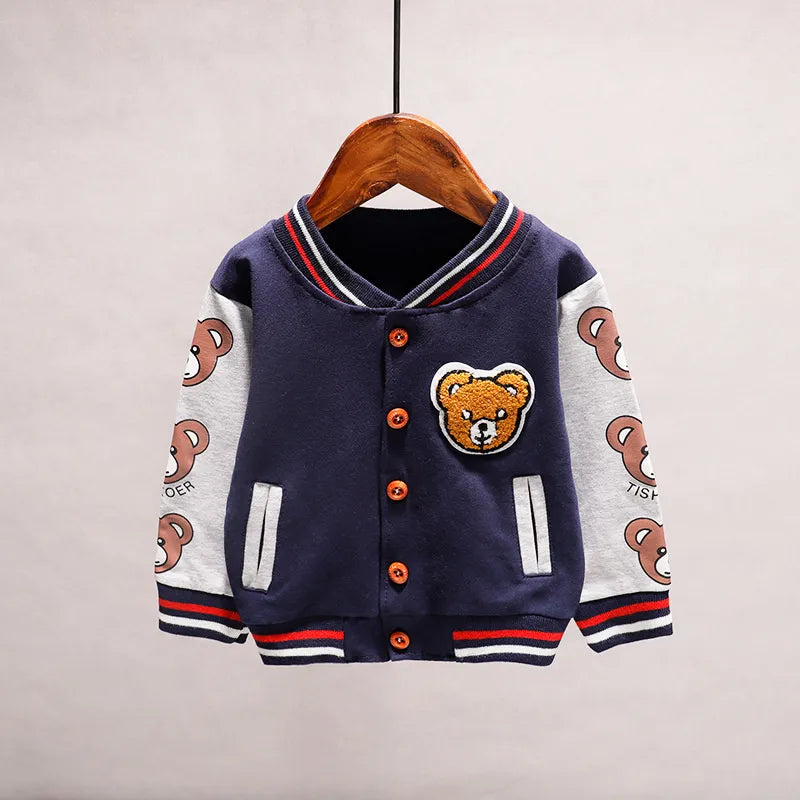 Toddler unisex cartoon cotton jacket hung on a wooden hanger, showcasing V-neck style