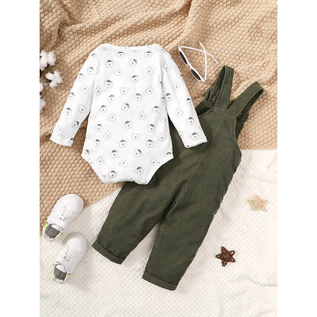 Toddler unisex bear print top and pants set, a comfortable cotton blend outfit for everyday casual wear