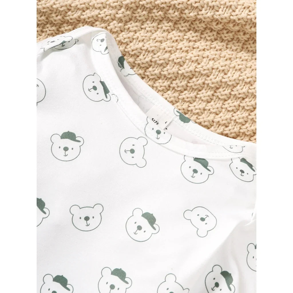 Close-up of bear print on a soft toddler long sleeve top, part of a unisex casual outfit set