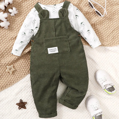 Stack of folded toddler bear print long sleeve top and pants sets, ready for cozy wear