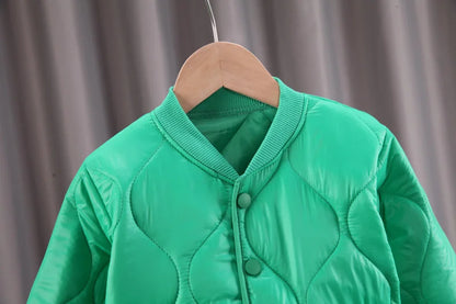 Side profile of a toddler winter jacket with a V-neck, showcasing its comfortable fit