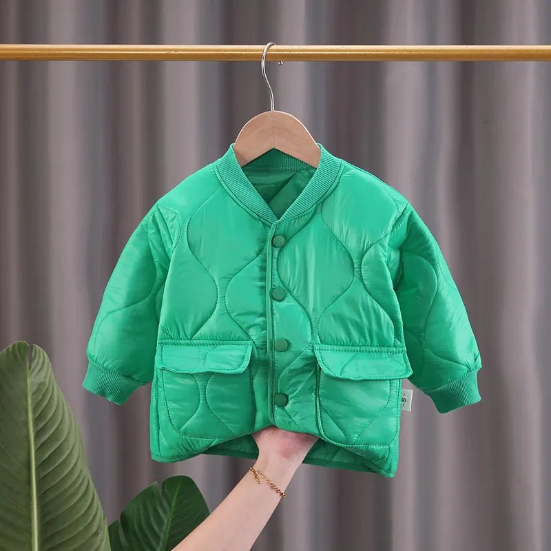 Folded toddler winter jacket, V-neck style, ready for cold adventures, children's fashion