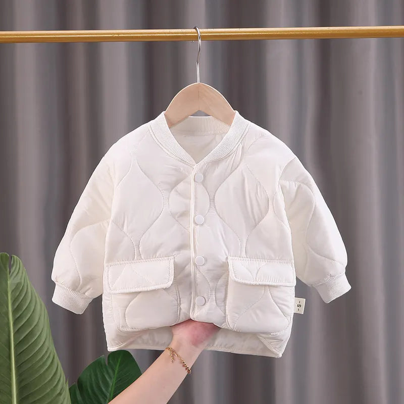 Detailed texture of a V-neck cotton toddler jacket, soft and high-quality kids winter coat