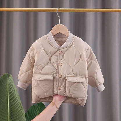 Toddler V-neck jacket with secure button closure, a reliable warm coat for winter