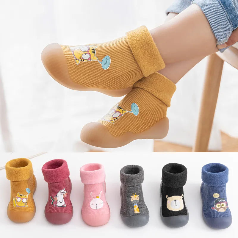 Toddler velvet warm socks, cozy animal print for autumn/winter, infant knitted apparel